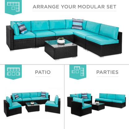 7-Piece Modular Wicker Sectional Conversation Set w/ 2 Pillows, Cover