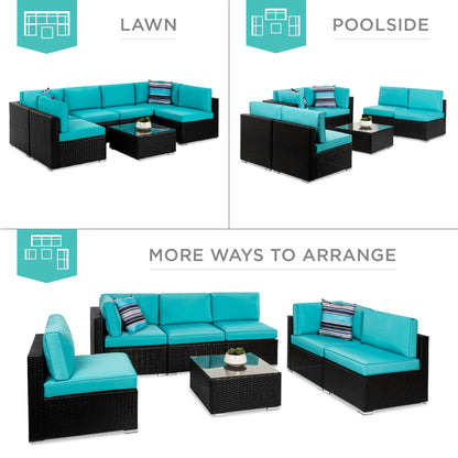 7-Piece Modular Wicker Sectional Conversation Set w/ 2 Pillows, Cover