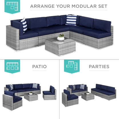 7-Piece Modular Wicker Sectional Conversation Set w/ 2 Pillows, Cover