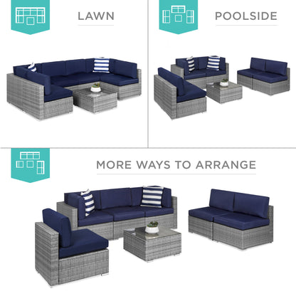 7-Piece Modular Wicker Sectional Conversation Set w/ 2 Pillows, Cover