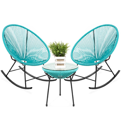 3-Piece Patio Woven Rope Acapulco Rocking Chair Bistro Set