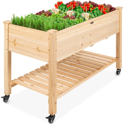 Mobile Raised Garden Bed Elevated Planter w/ Wheels, Shelf - 48x23.25x32in