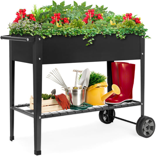 Elevated Metal Garden Bed for Backyard w/ Wheels, Shelf