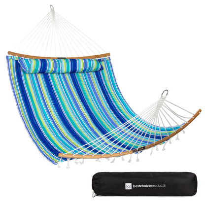 2-Person Quilted Portable Hammock w/ Curved Bamboo Spreader Bar, Carry Bag