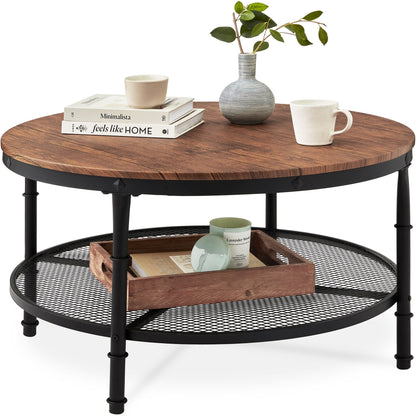 2-Tier Round Industrial Wood & Steel Coffee Table, Storage Shelves - 35.5in