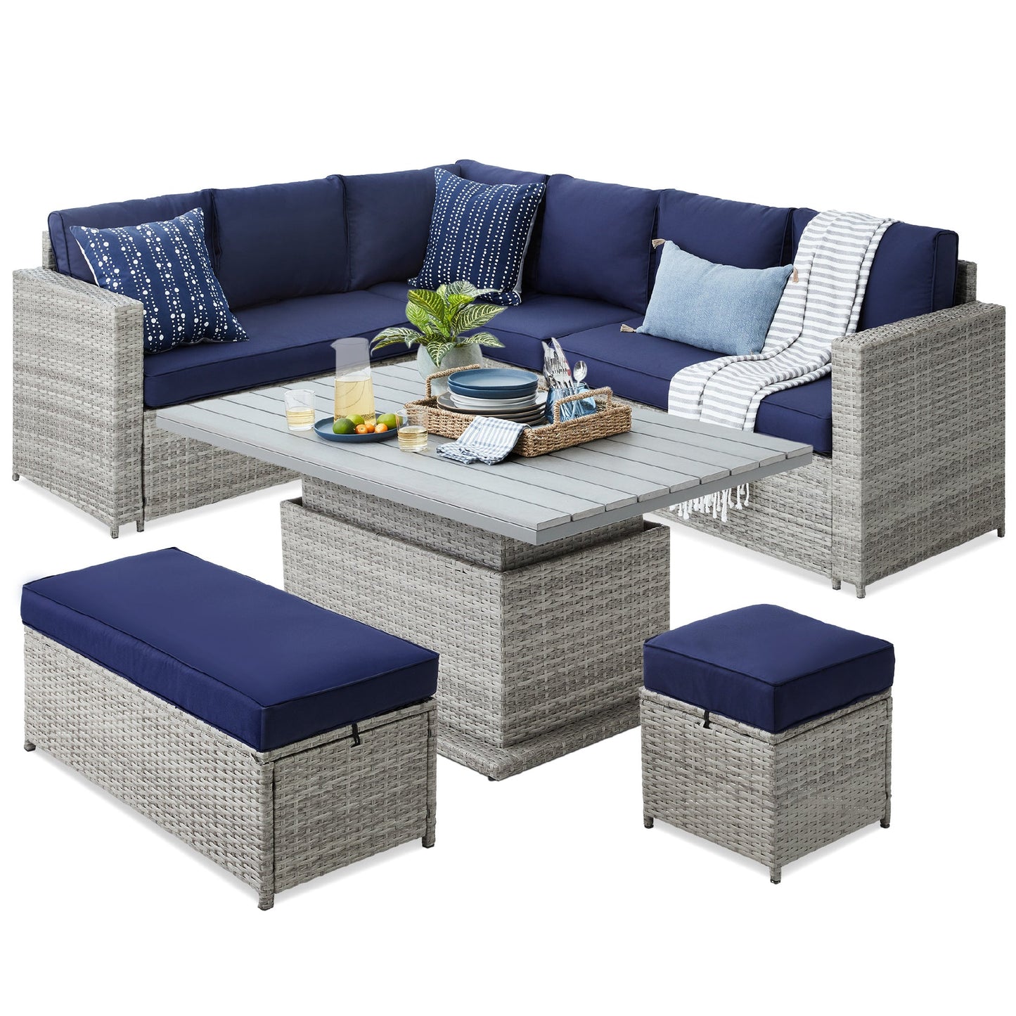 6-Piece Wicker Patio Furniture Set w/ Height-Adjustable Dining Table
