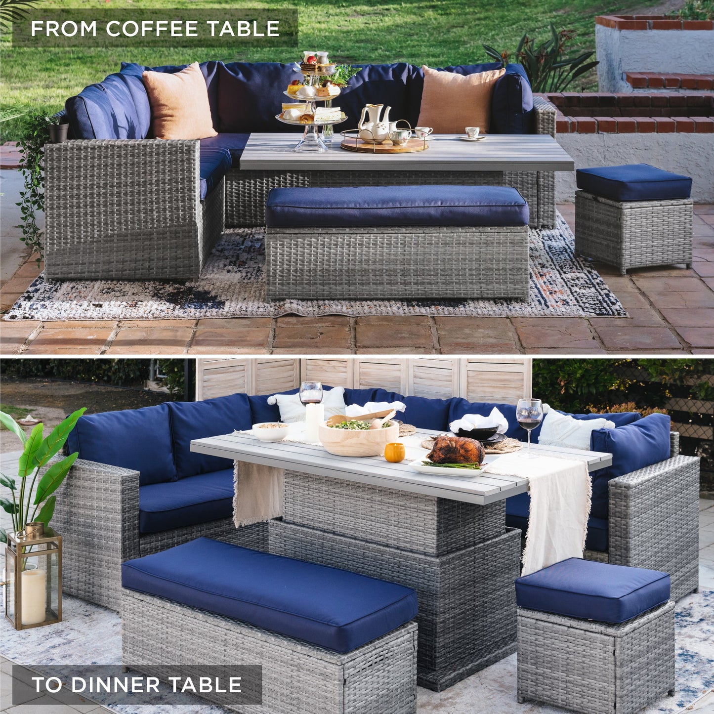 6-Piece Wicker Patio Furniture Set w/ Height-Adjustable Dining Table