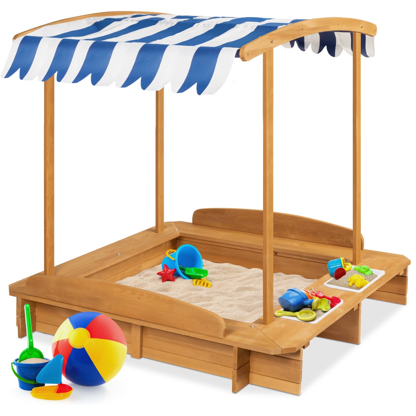 Kids Wooden Cabana Sandbox w/ Benches, Canopy Shade, Sand Cover, 2 Buckets