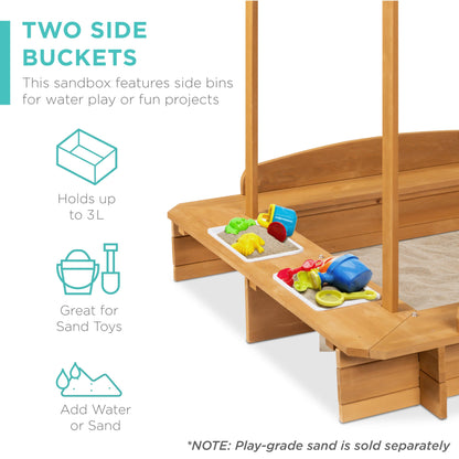 Kids Wooden Cabana Sandbox w/ Benches, Canopy Shade, Sand Cover, 2 Buckets