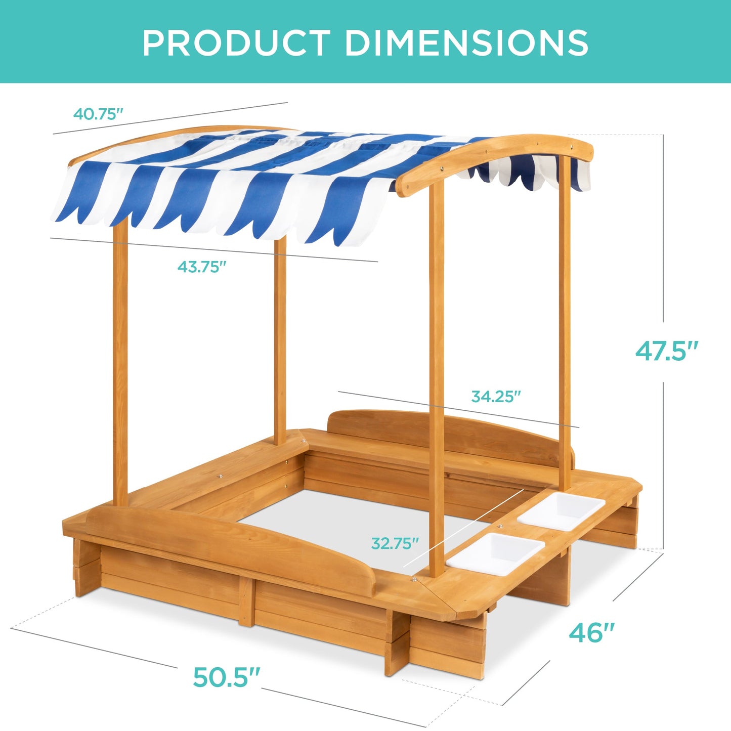 Kids Wooden Cabana Sandbox w/ Benches, Canopy Shade, Sand Cover, 2 Buckets