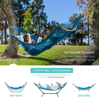 2-Person Woven Polyester Hammock w/ Curved Bamboo Spreader Bar, Carry Bag