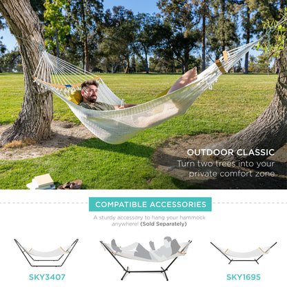 2-Person Woven Polyester Hammock w/ Curved Bamboo Spreader Bar, Carry Bag