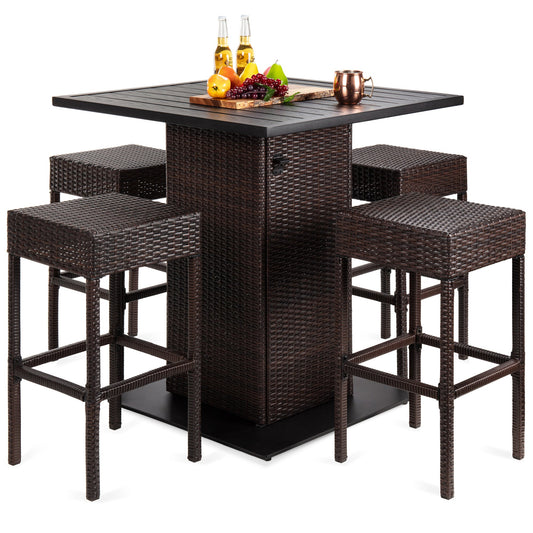 5-Piece Wicker Bar Set w/ 4 Stools, Built-In Bottle Opener, Hidden Storage