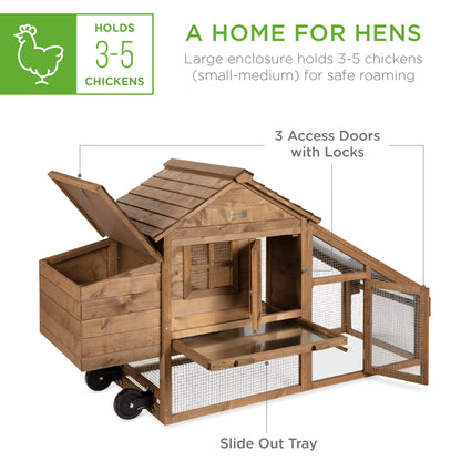 Mobile Wood Chicken Coop Tractor w/ Wheels, 2 Doors, Nest Box - 70in