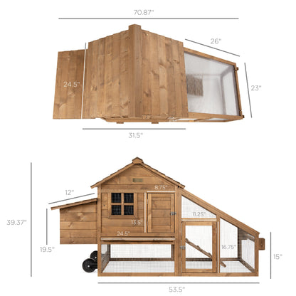 Mobile Wood Chicken Coop Tractor w/ Wheels, 2 Doors, Nest Box - 70in