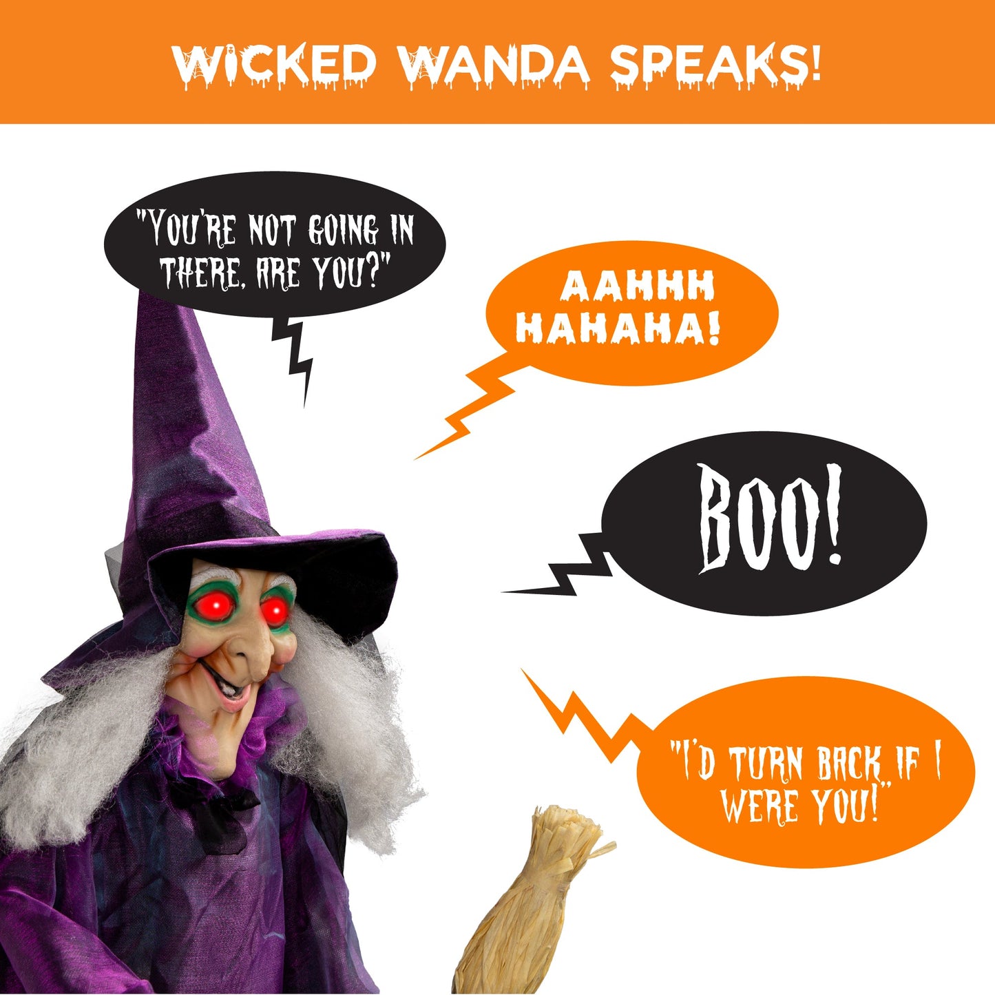 Wicked Wanda Standing Animatronic Witch with Sounds, LED Eyes - 5ft