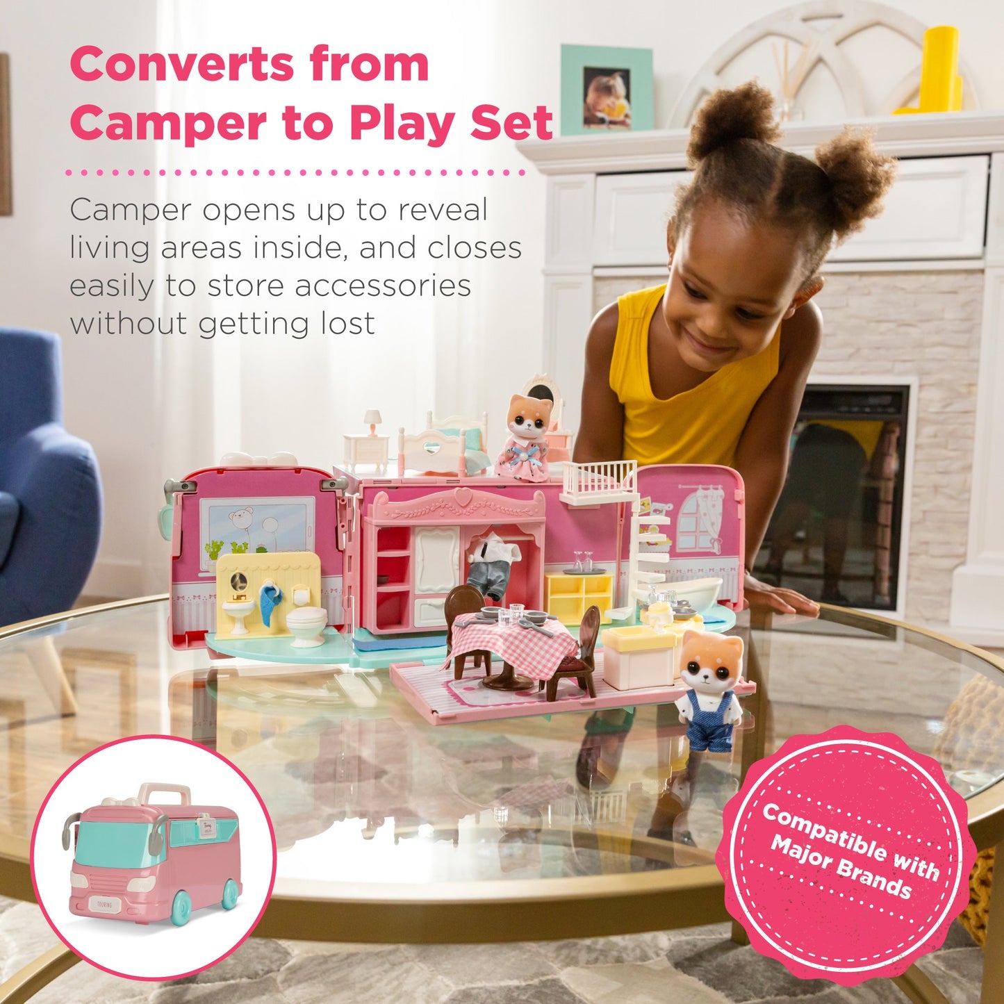 Camper Van Playset Pretend Play Dollhouse with Tiny Critters