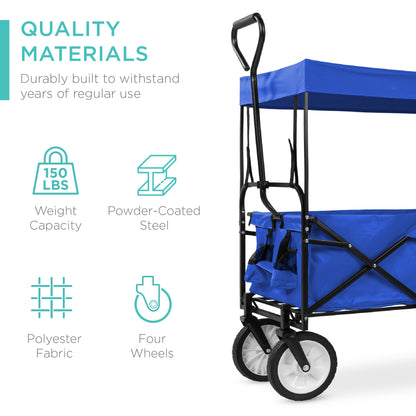 Utility Wagon Cart w/ Folding Design, 2 Cup Holders, Removable Canopy