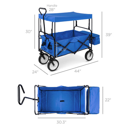 Utility Wagon Cart w/ Folding Design, 2 Cup Holders, Removable Canopy