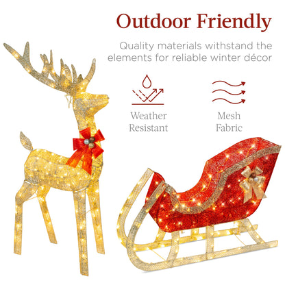 Lighted Christmas Reindeer & Sleigh Outdoor Decor Set w/ LED Lights