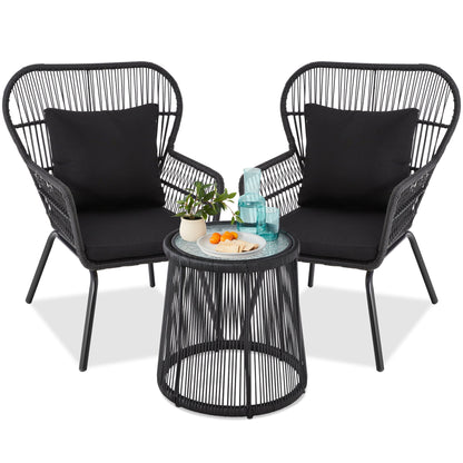 3-Piece Patio Wicker Conversation Bistro Set w/ 2 Chairs, Glass Top Table