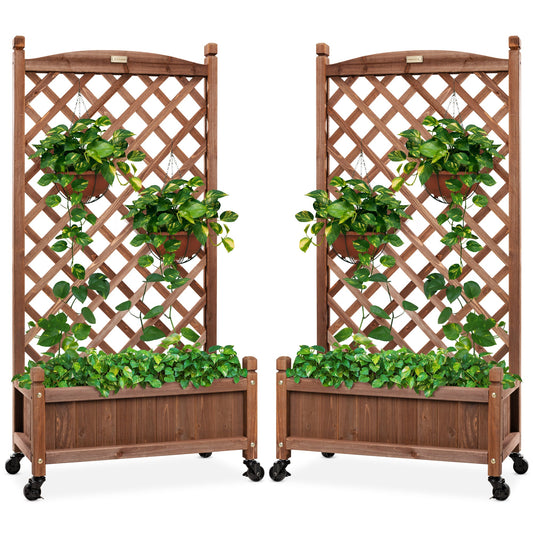 Set of 2 Wood Planter Box & Lattice Trellis w/ Optional Wheels - 48in