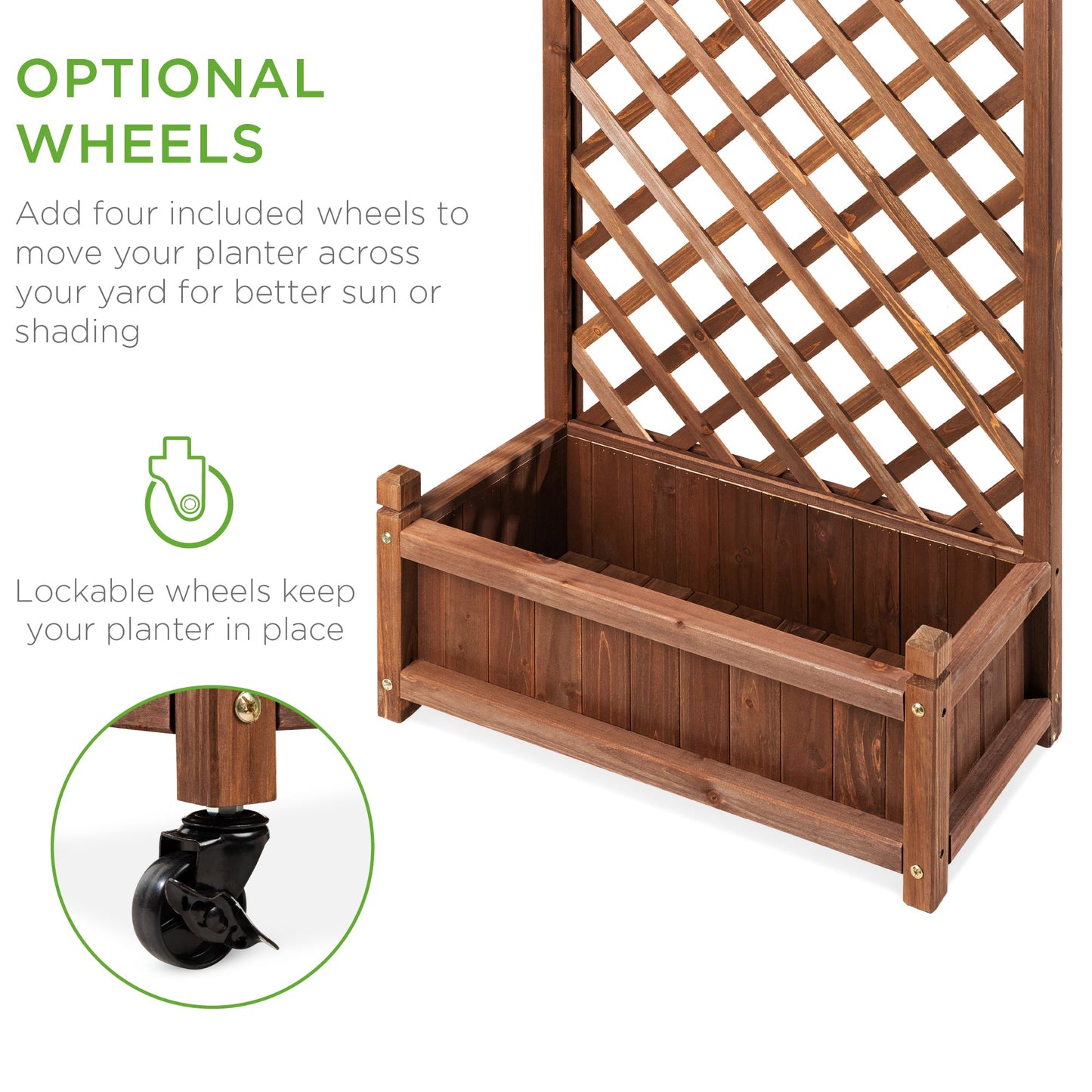 Set of 2 Wood Planter Box & Lattice Trellis w/ Optional Wheels - 48in