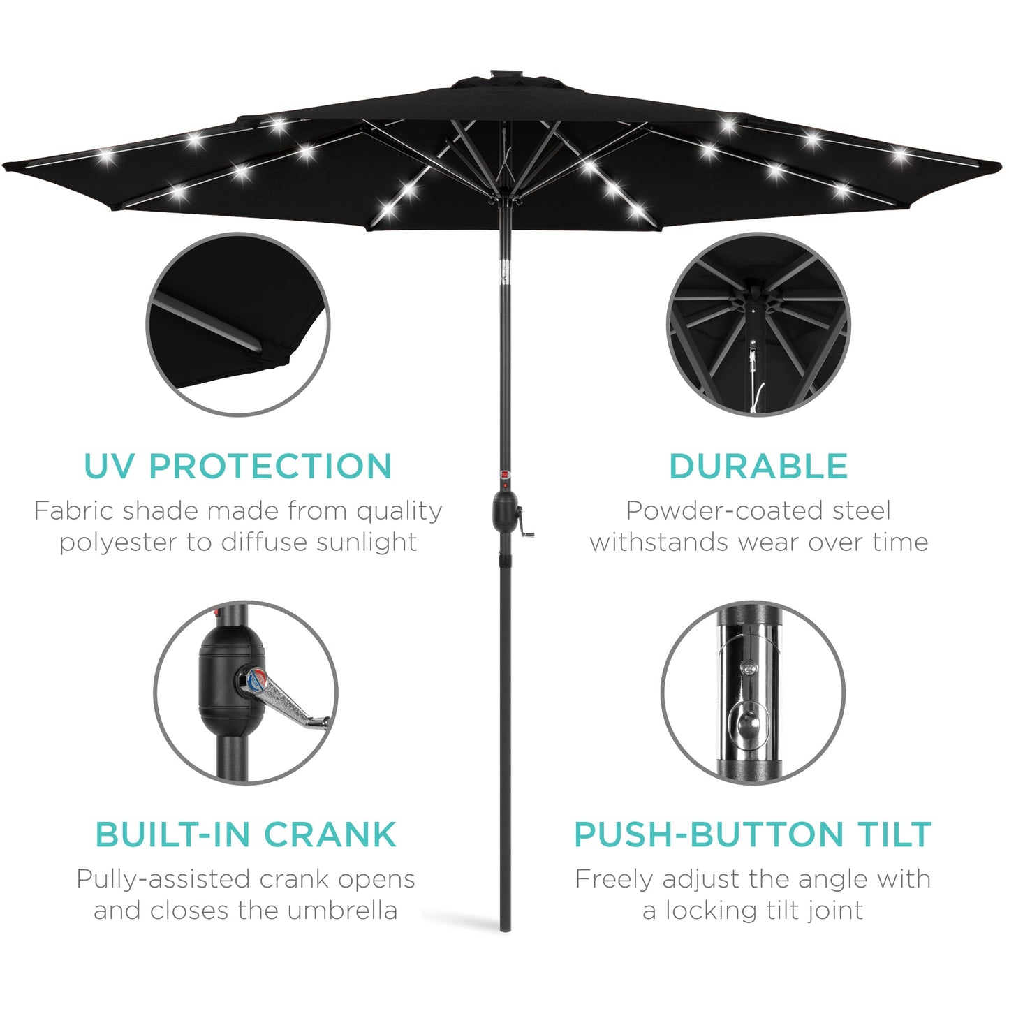 Solar LED Lighted Patio Umbrella w/ Tilt Adjustment, UV-Resistance - 10ft