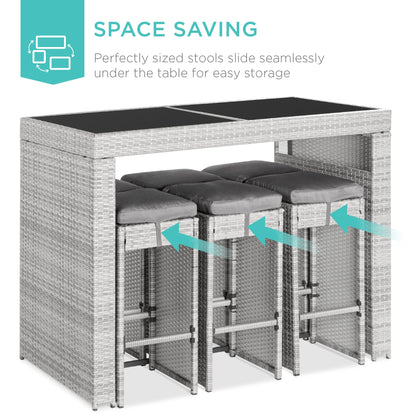 7-Piece Wicker Bar Patio Dining Set w/ Glass Table Top, 6 Stools
