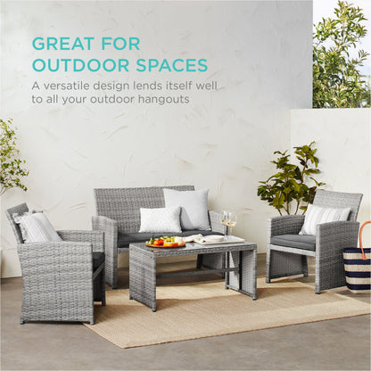 4-Piece Outdoor Wicker Conversation Patio Set w/ 4 Seats, Glass Table Top