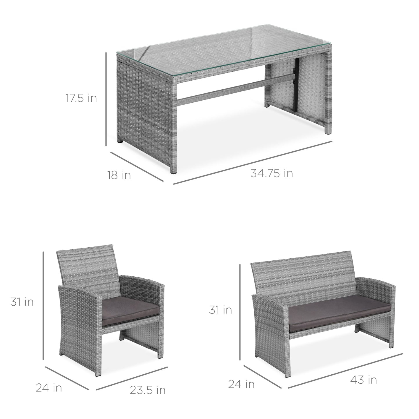 4-Piece Outdoor Wicker Conversation Patio Set w/ 4 Seats, Glass Table Top