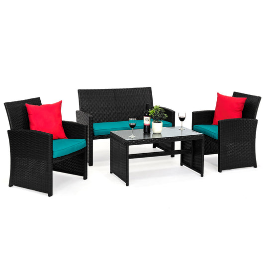 4-Piece Outdoor Wicker Conversation Patio Set w/ 4 Seats, Glass Table Top