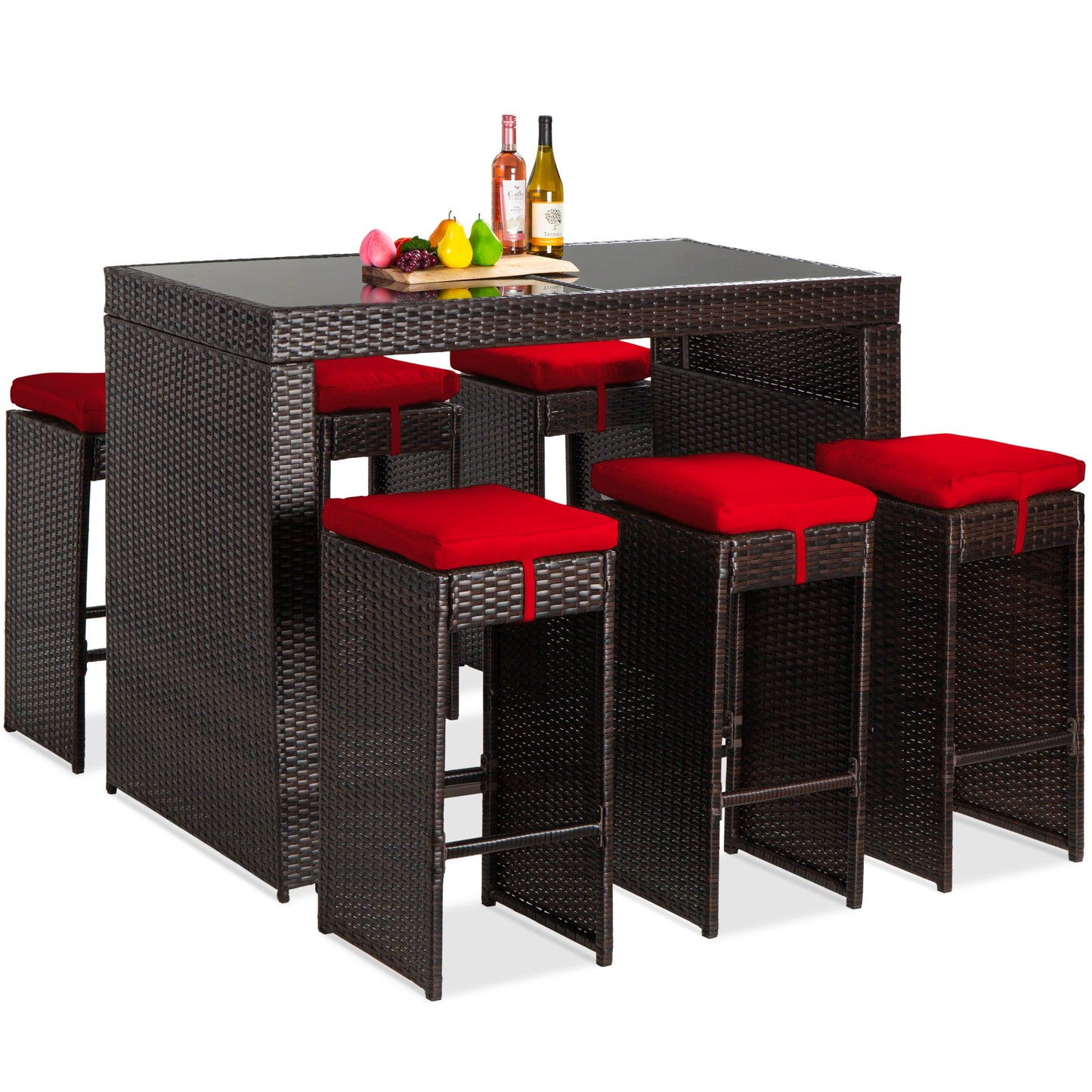 7-Piece Wicker Bar Patio Dining Set w/ Glass Table Top, 6 Stools