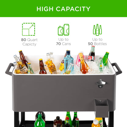 Portable Rolling Cooler Cart w/ Bottle Opener, Catch Tray - 80qt