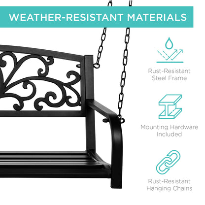 2-Person Metal Outdoor Porch Swing w/ Floral Accent, 485lb Weight Capacity