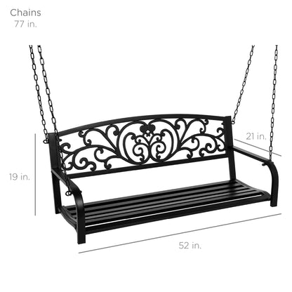 2-Person Metal Outdoor Porch Swing w/ Floral Accent, 485lb Weight Capacity