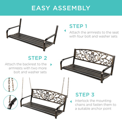 2-Person Metal Outdoor Porch Swing w/ Floral Accent, 485lb Weight Capacity