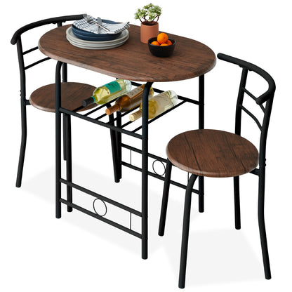 3-Piece Wooden Table & Chairs Dining Set w/ Lower Storage Shelf