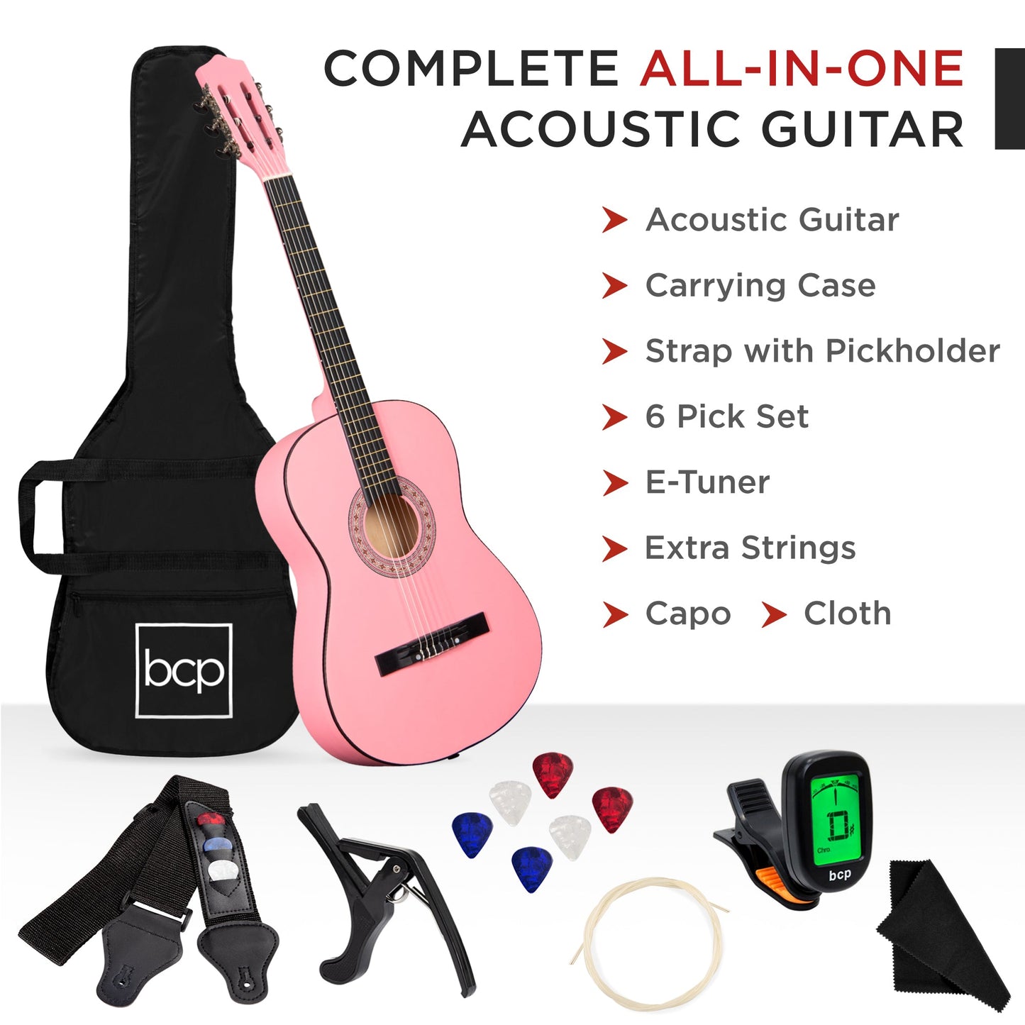 Beginner Acoustic Guitar Set w/ Case, Strap, Digital Tuner, Strings - 38in