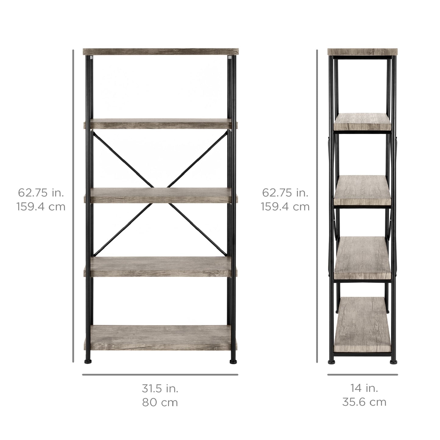 5-Tier Industrial Bookshelf w/ Metal Frame, Wood Shelves