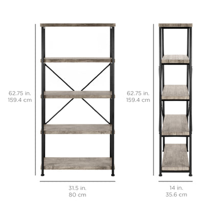 5-Tier Industrial Bookshelf w/ Metal Frame, Wood Shelves