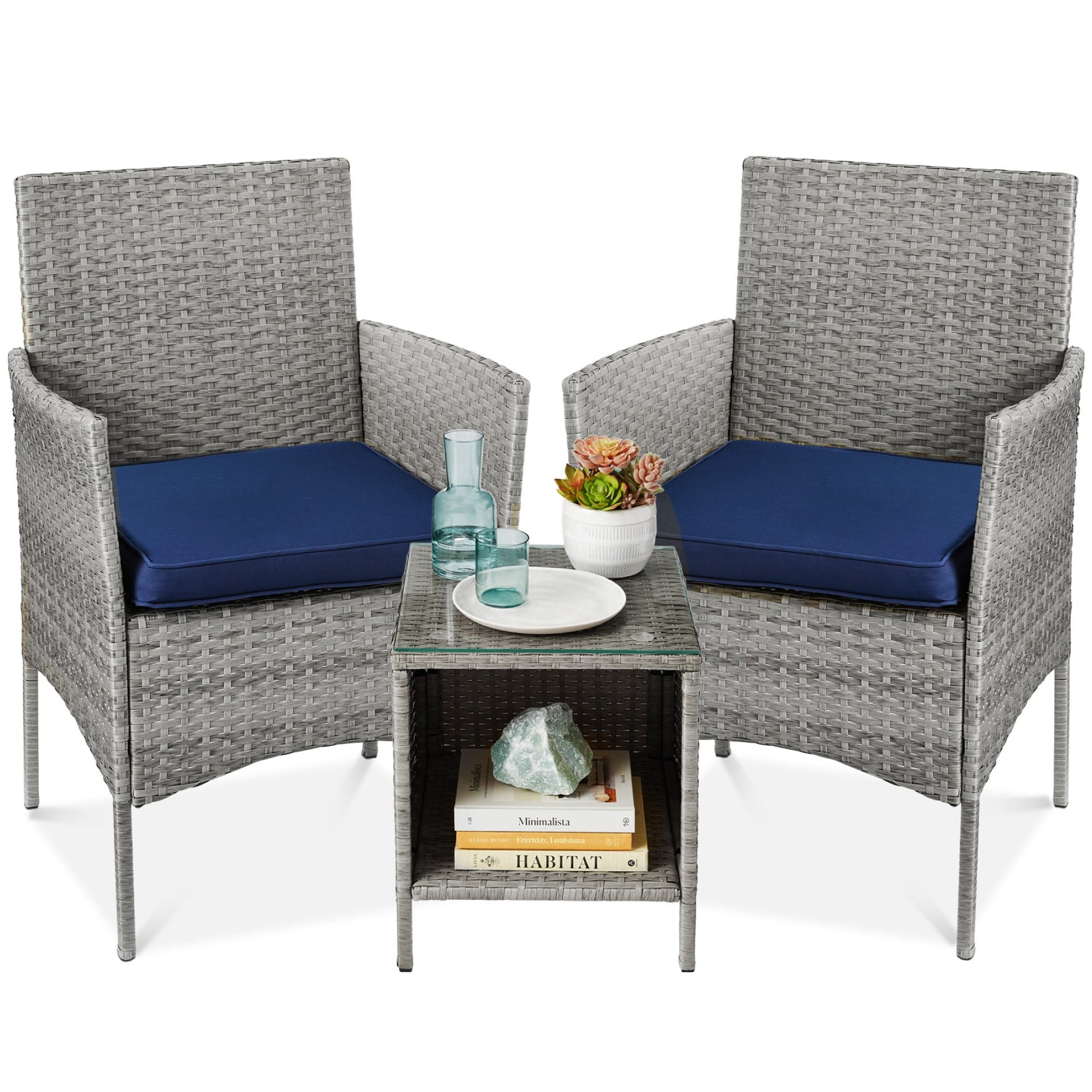 3-Piece Outdoor Patio Wicker Bistro Set w/ Side Storage Table