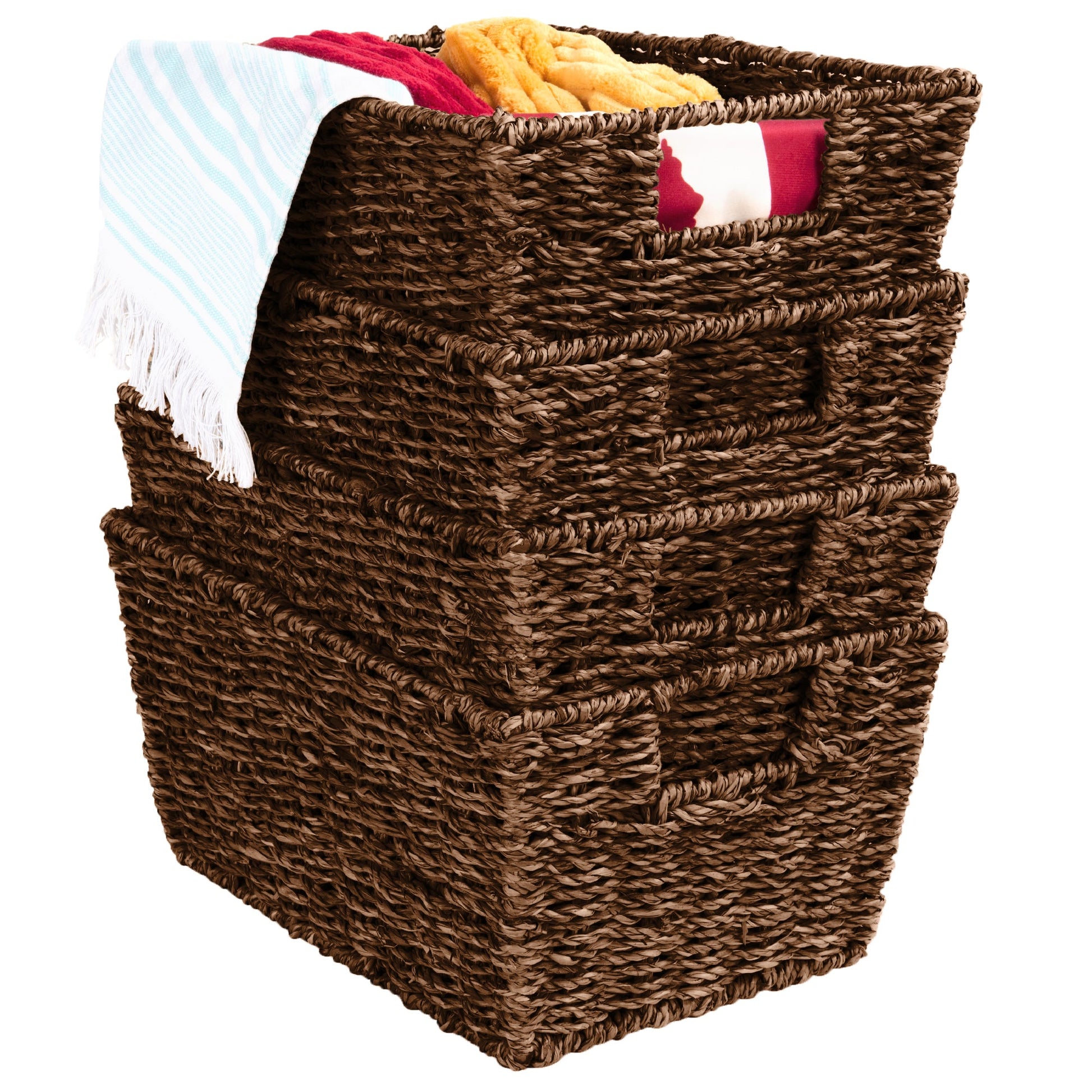 Set of 4 Seagrass Storage Tote Baskets, Laundry Organizer w/ Insert Handles