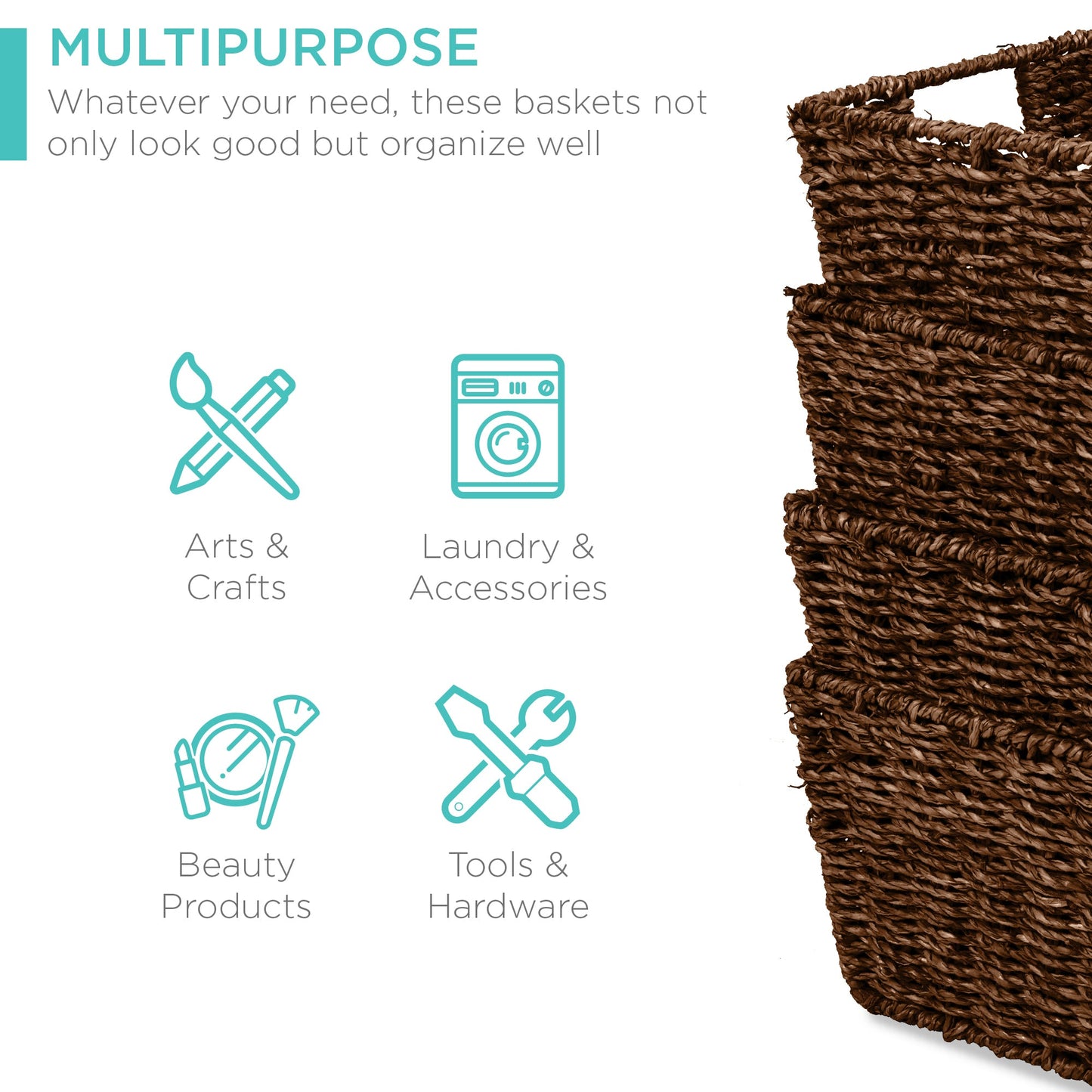 Set of 4 Seagrass Storage Tote Baskets, Laundry Organizer w/ Insert Handles
