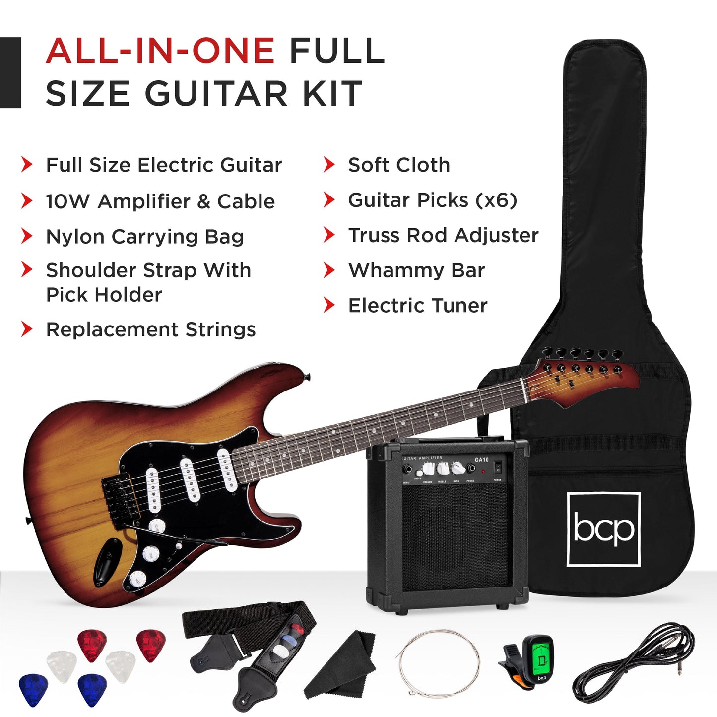 Beginner Electric Guitar Kit w/ Case, 10W Amp, Tremolo Bar - 39in