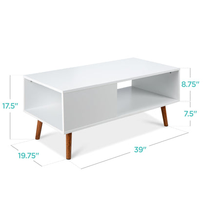 Wooden Mid-Century Modern Coffee Accent Table w/ Open Storage Shelf