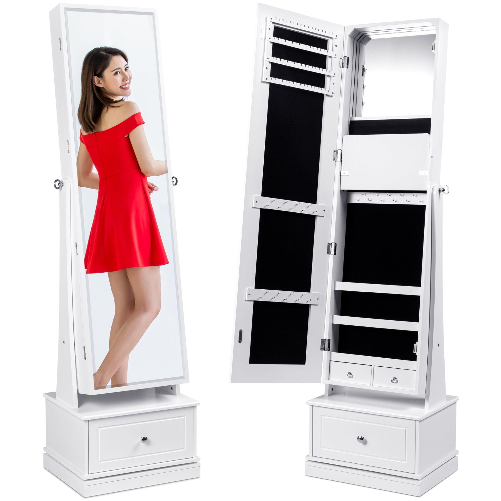 360 Swivel Mirrored Jewelry Cabinet Armoire w/ LED Lights, Mirror