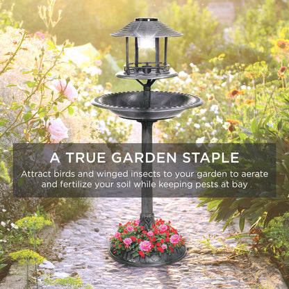 Solar Lighted Outdoor Pedestal Bird Bath w/ Planter, Decorative Bird Cage