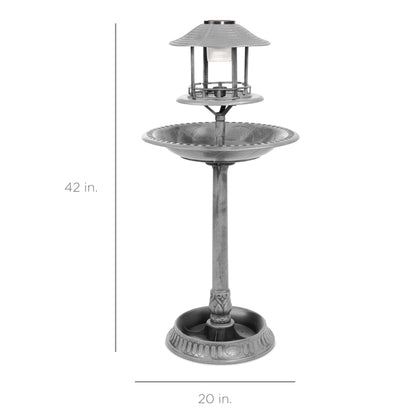 Solar Lighted Outdoor Pedestal Bird Bath w/ Planter, Decorative Bird Cage