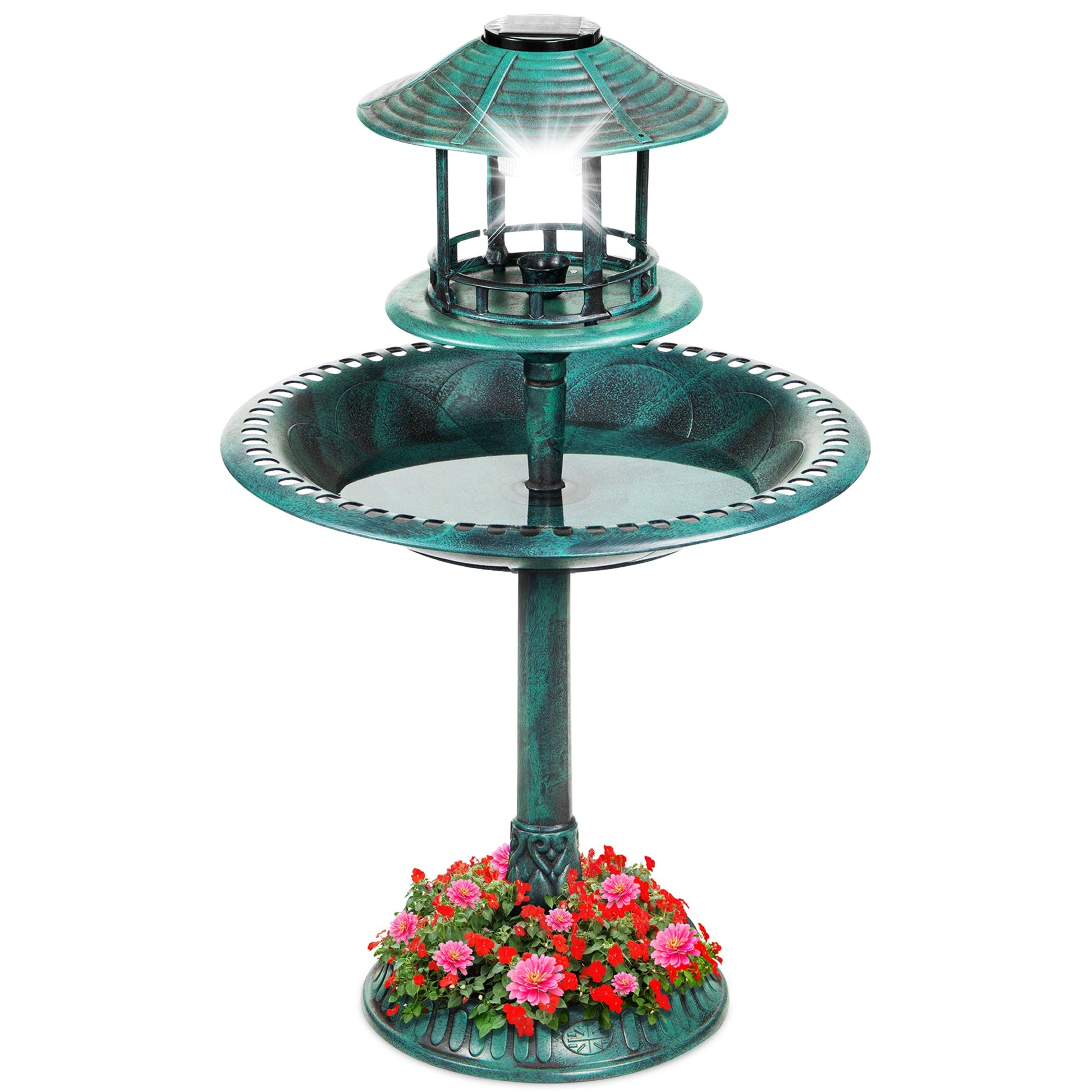 Solar Lighted Outdoor Pedestal Bird Bath w/ Planter, Decorative Bird Cage